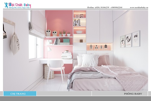 Phòng ngủ màu trắng hồng dễ thương cho bé gái